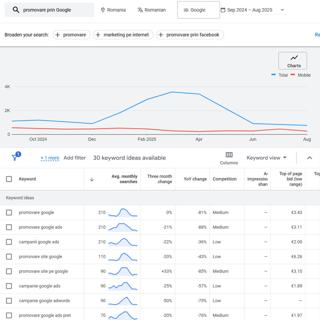Cuvinte cheie reclama Google Ads